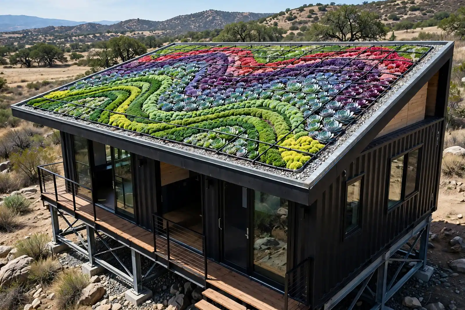 Container home on steel piers with a succulent mosaic green roof in waves of green, blue, purple and red echeveria and sedum