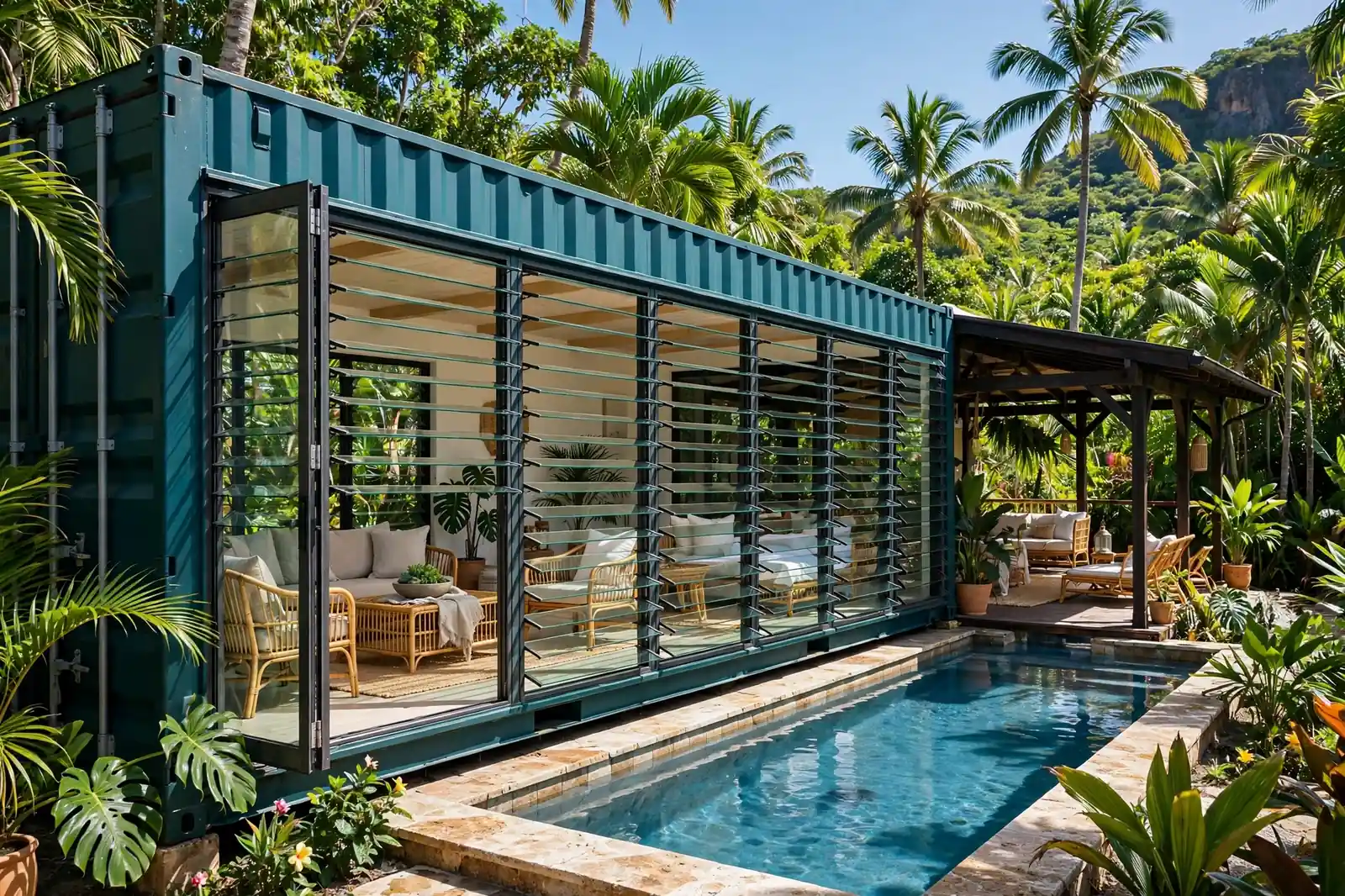 Deep teal shipping container home in the tropics with one entire long side of adjustable louvered glass panels and screens opening to a covered lanai, plunge pool beside it, rattan living room furniture visible through the louvers, palm trees all around in vivid midday light