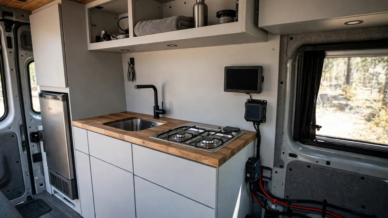 Off-grid camper van kitchen with 12V fridge and battery monitor panel