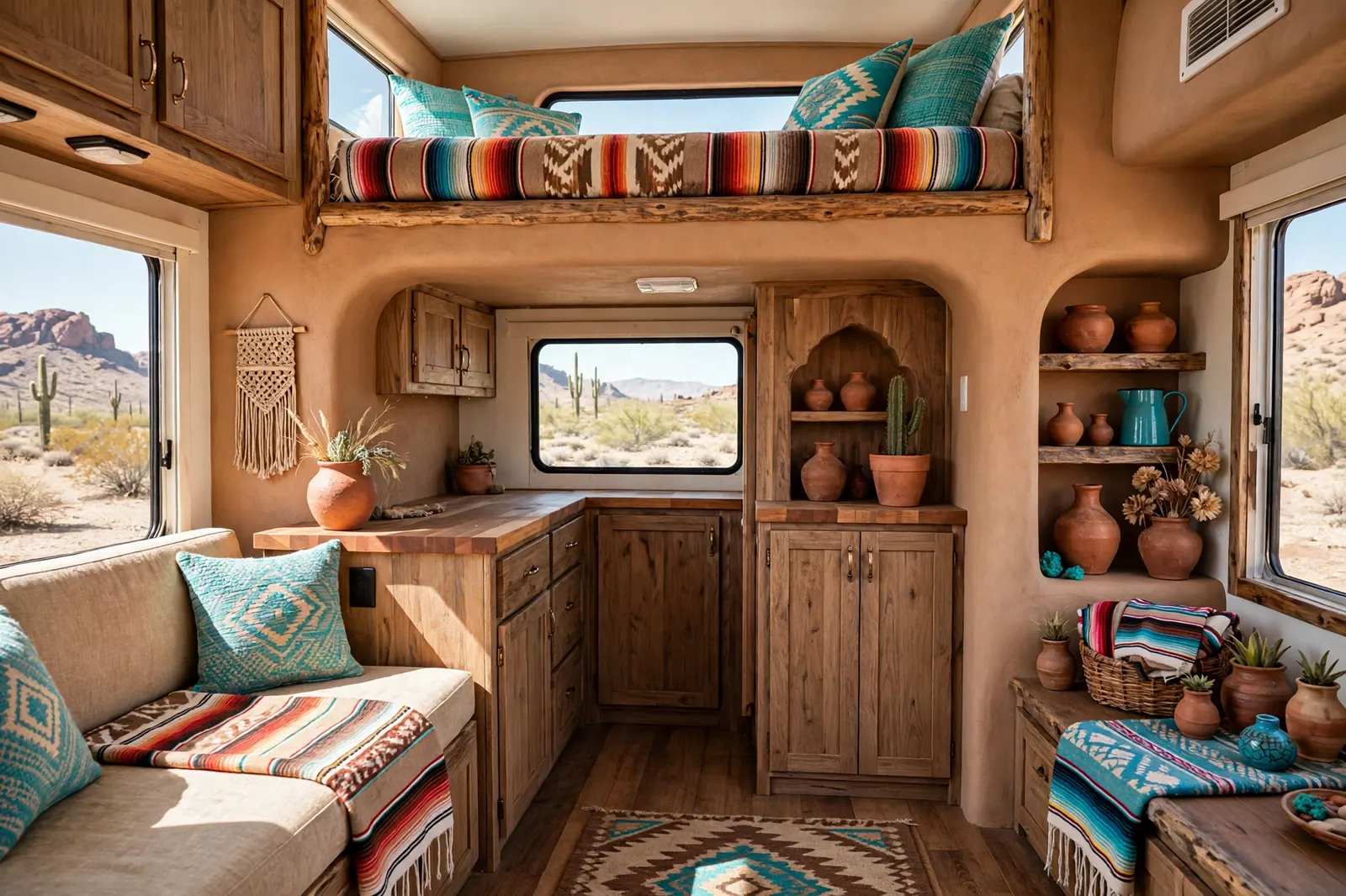 Renovated Class C motorhome interior in desert southwest style with a cab-over bunk dressed in serape textiles, plastered adobe-style walls and niches, clay pottery, turquoise pillows, and rustic wooden cabinetry.