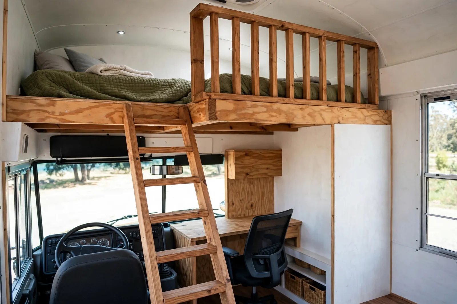 Teen loft bed over the driver's cab in a skoolie bus conversion