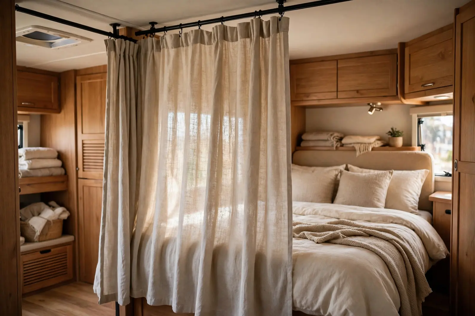 Photorealistic RV bedroom with a ceiling-track curtain drawn halfway to divide the sleeping zone