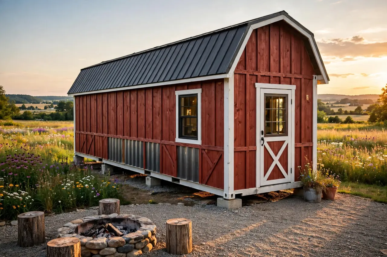 Barn-red board-and-batten shipping container guest house with gambrel roof and fire pit
