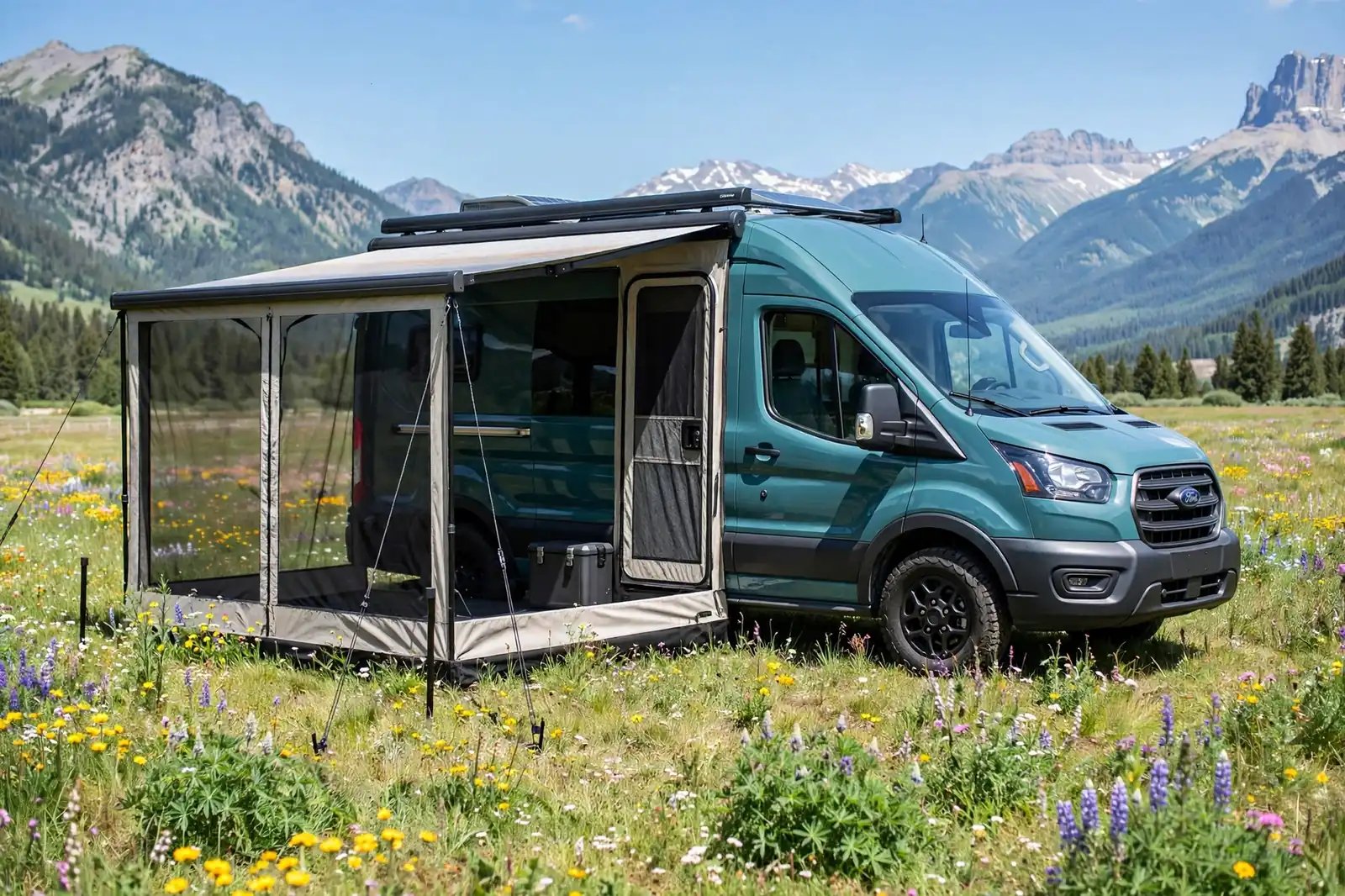 Teal Ford Transit with a mesh screen-room awning in a wildflower meadow