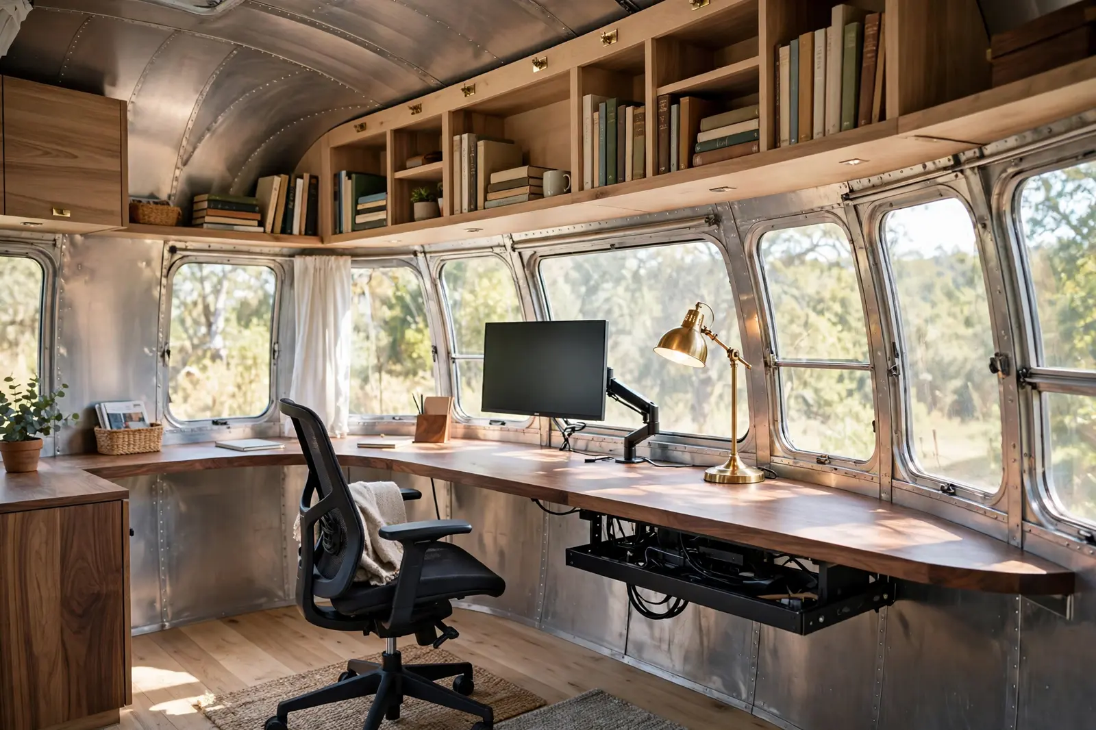 Renovated vintage Airstream dinette converted to a walnut desk office spanning the curved windows
