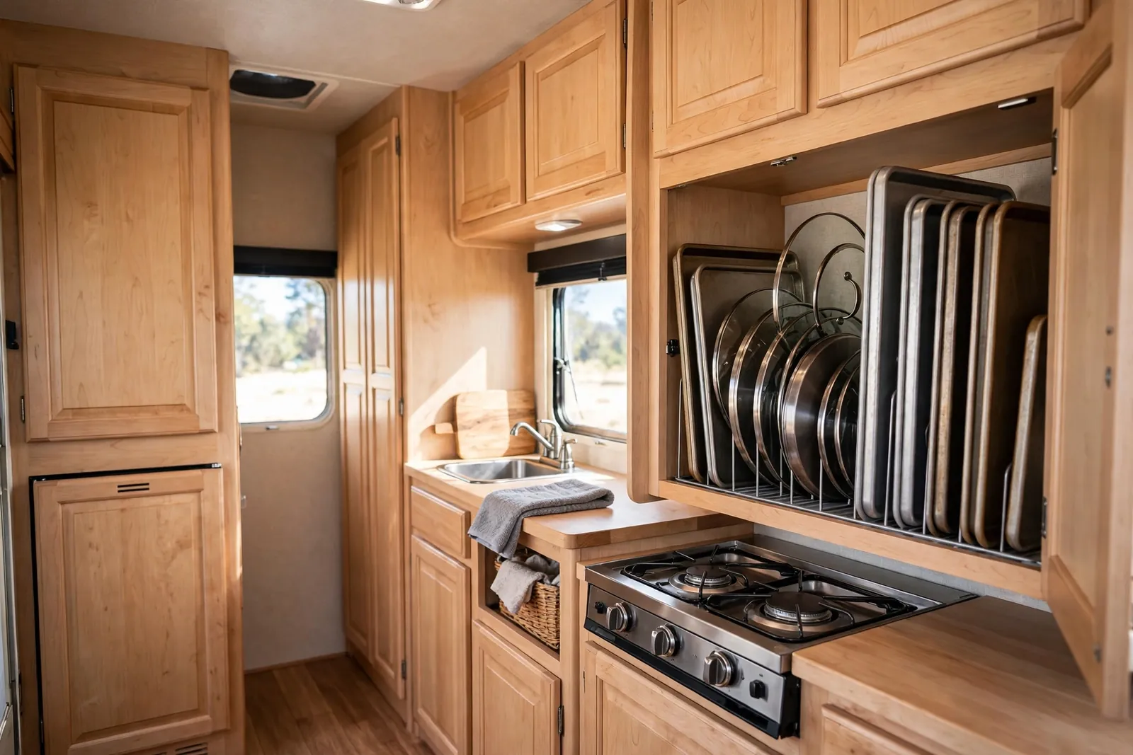 RV galley kitchen with pot lids and baking sheets filed vertically in a divider rack inside a cabinet