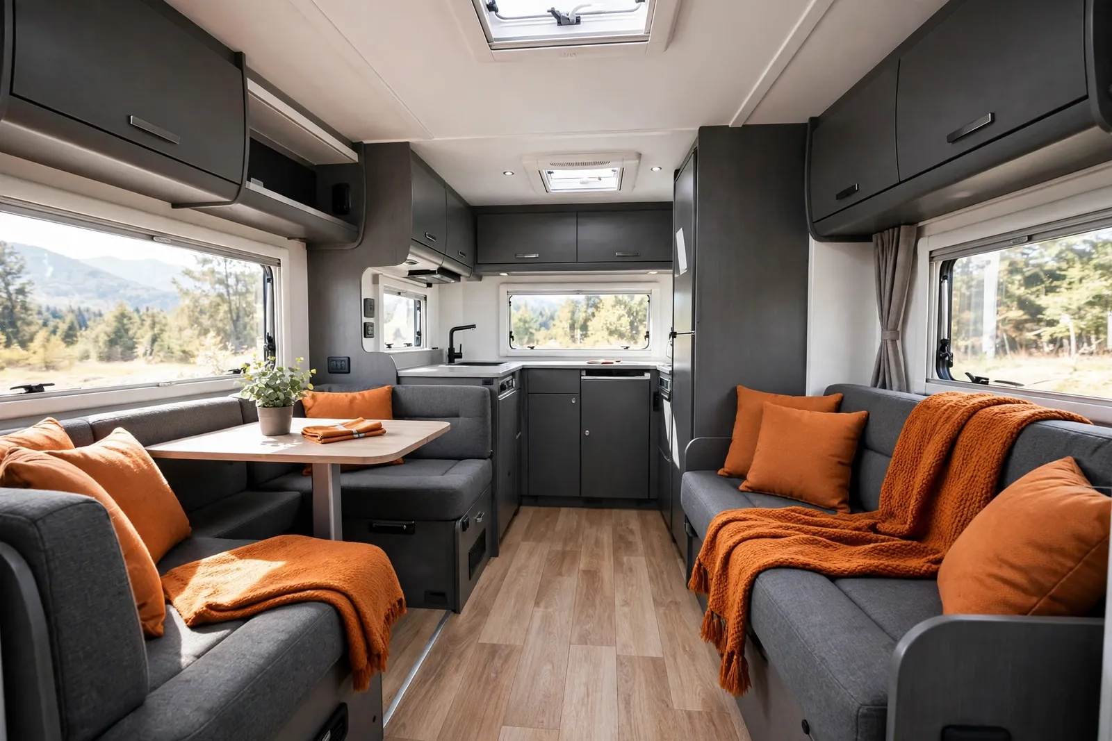 Burnt orange and charcoal motorhome interior