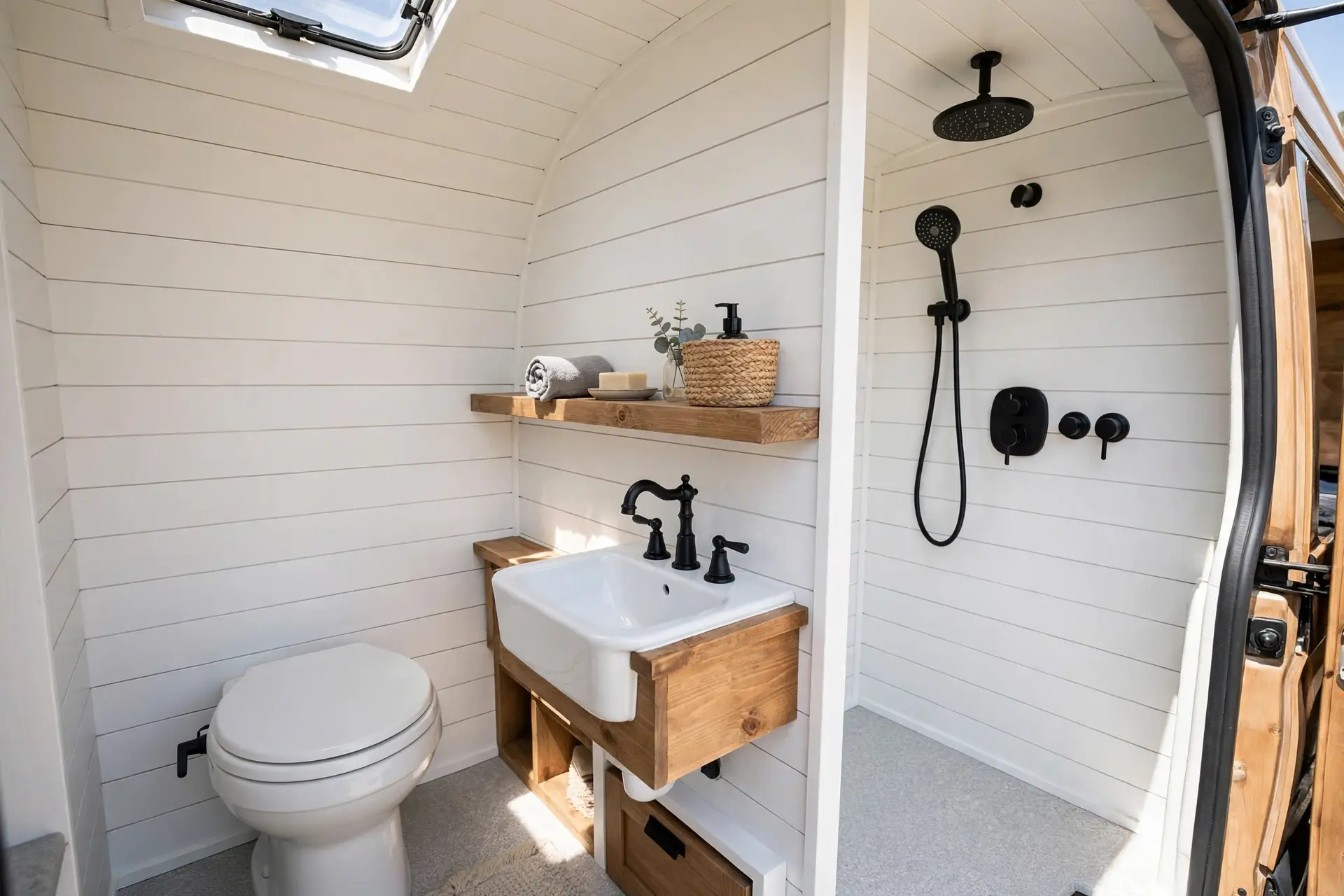 Rustic farmhouse camper van wet bath with white shiplap panels, black fittings, wooden shelf, toilet and sink