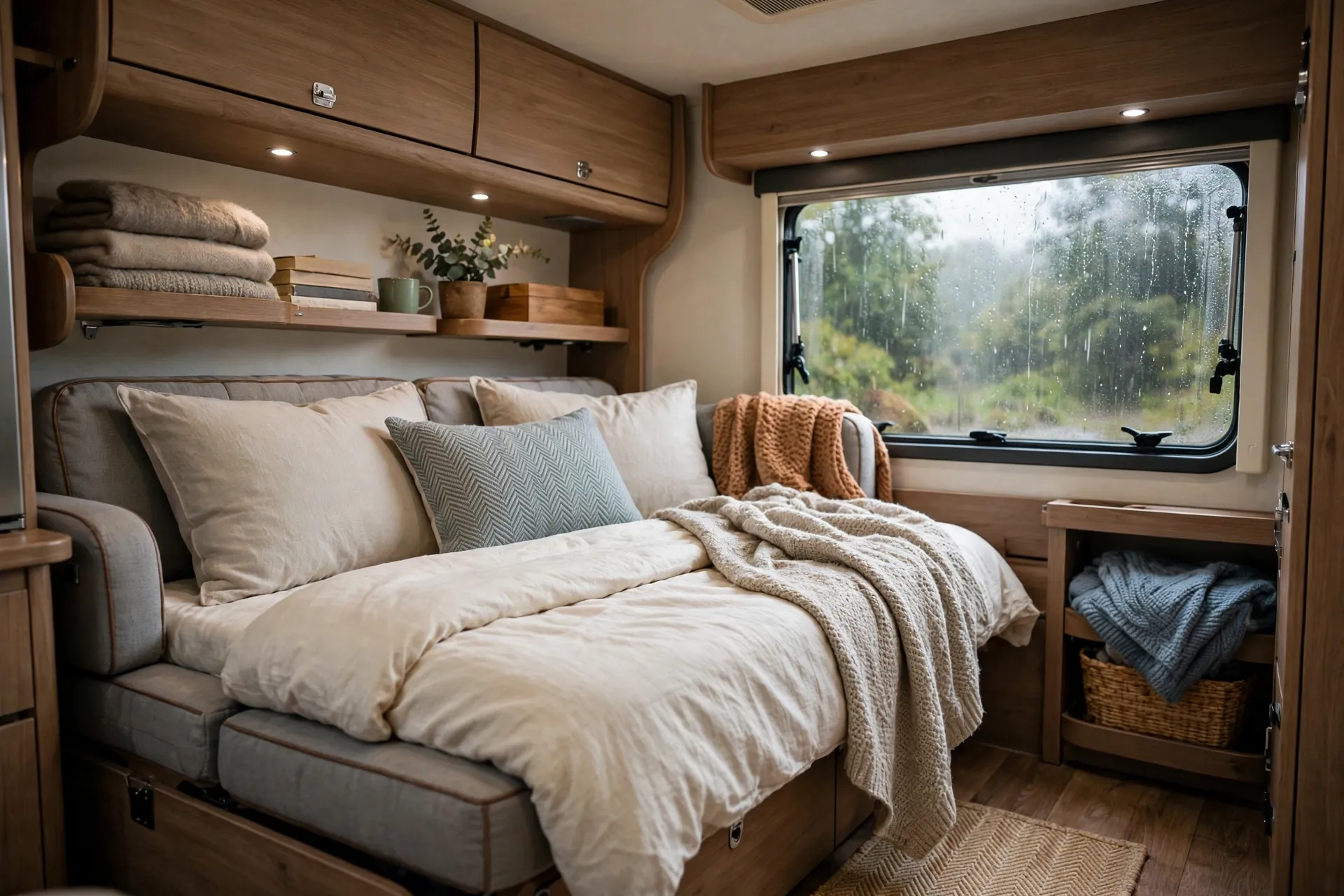RV living room with a sofa bed made up with bedding and pillows for a rainy afternoon nap