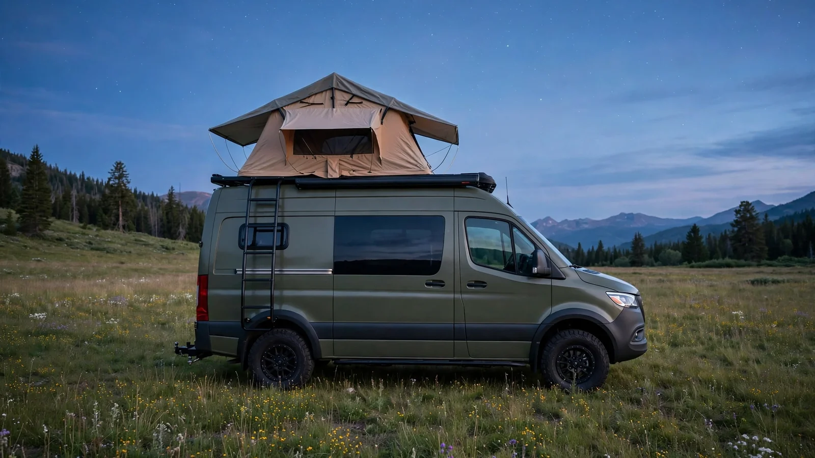 Camper van with rooftop tent deployed in an open meadow at dusk