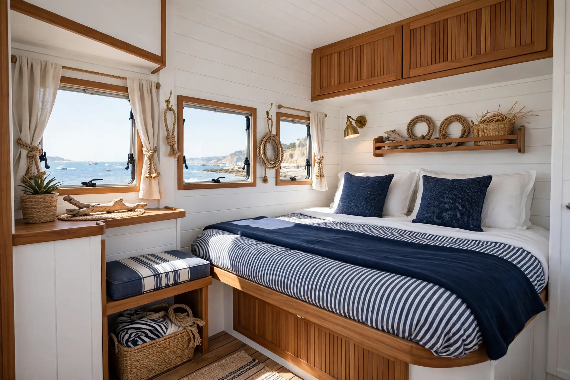 Luxury coastal white and teak motorhome suite with shiplap walls
