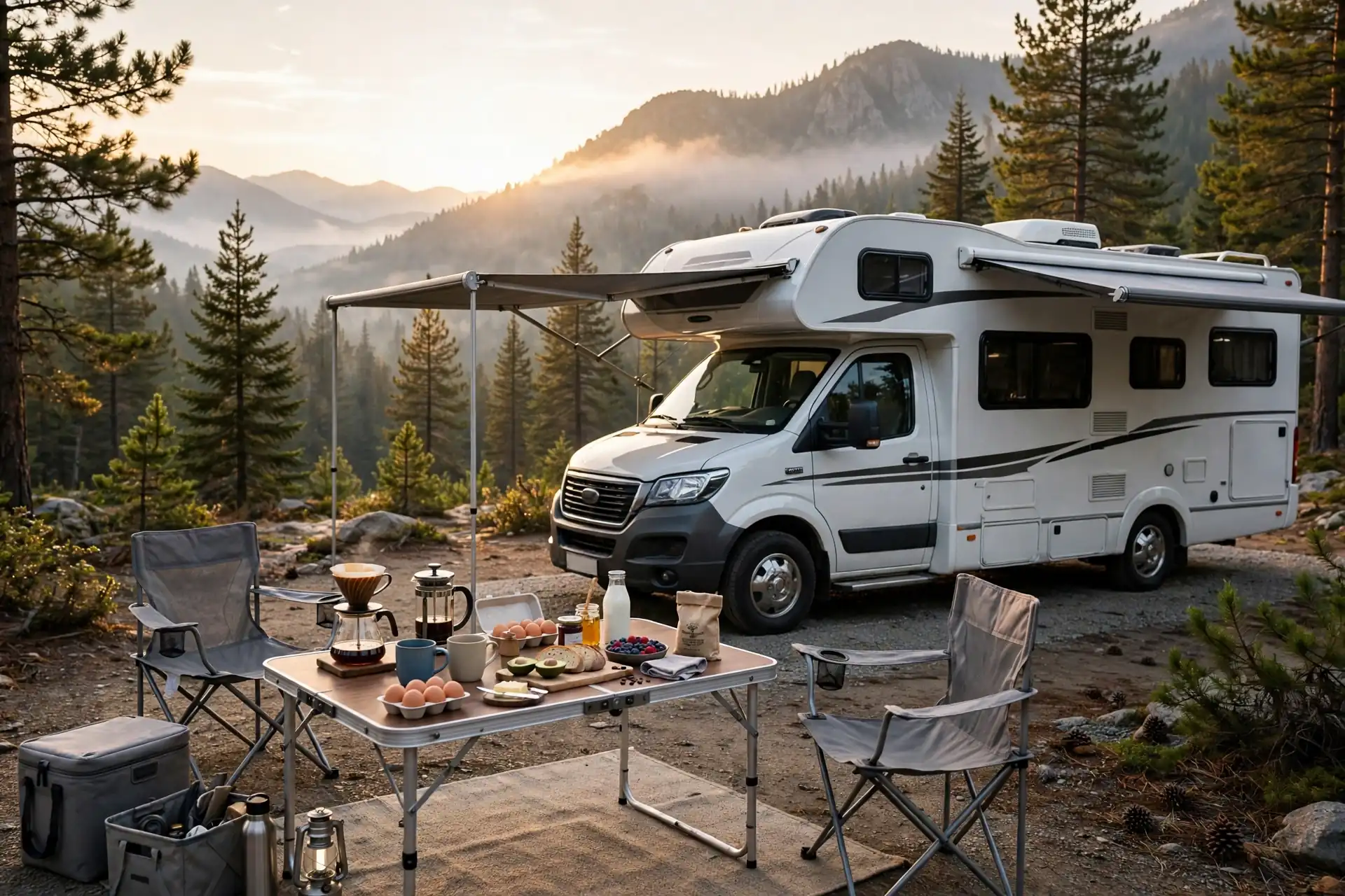 Outdoor breakfast nook and coffee bar beside a motorhome at a mountain campsite