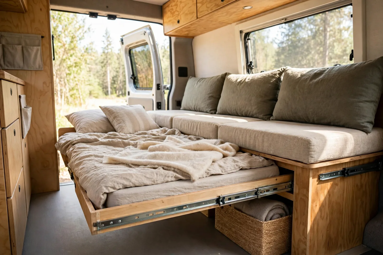 Camper van interior with a low drawer bed pulled out from beneath a fixed bench seat, with a thin mattress, beige linen bedding and pillows, bench cushions above it, and metal drawer slides visible along the side