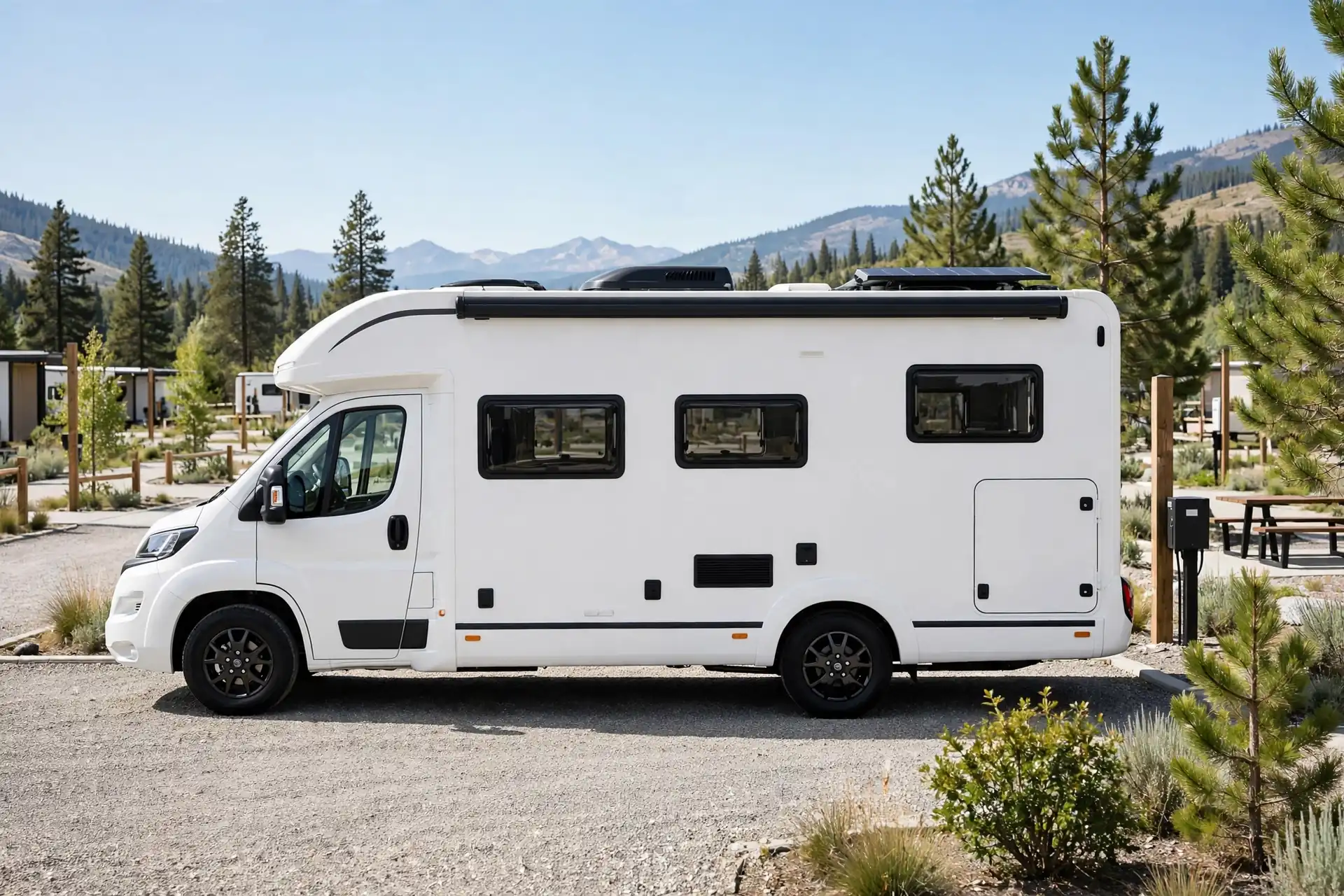 Minimalist all-white motorhome with black trim, full side view