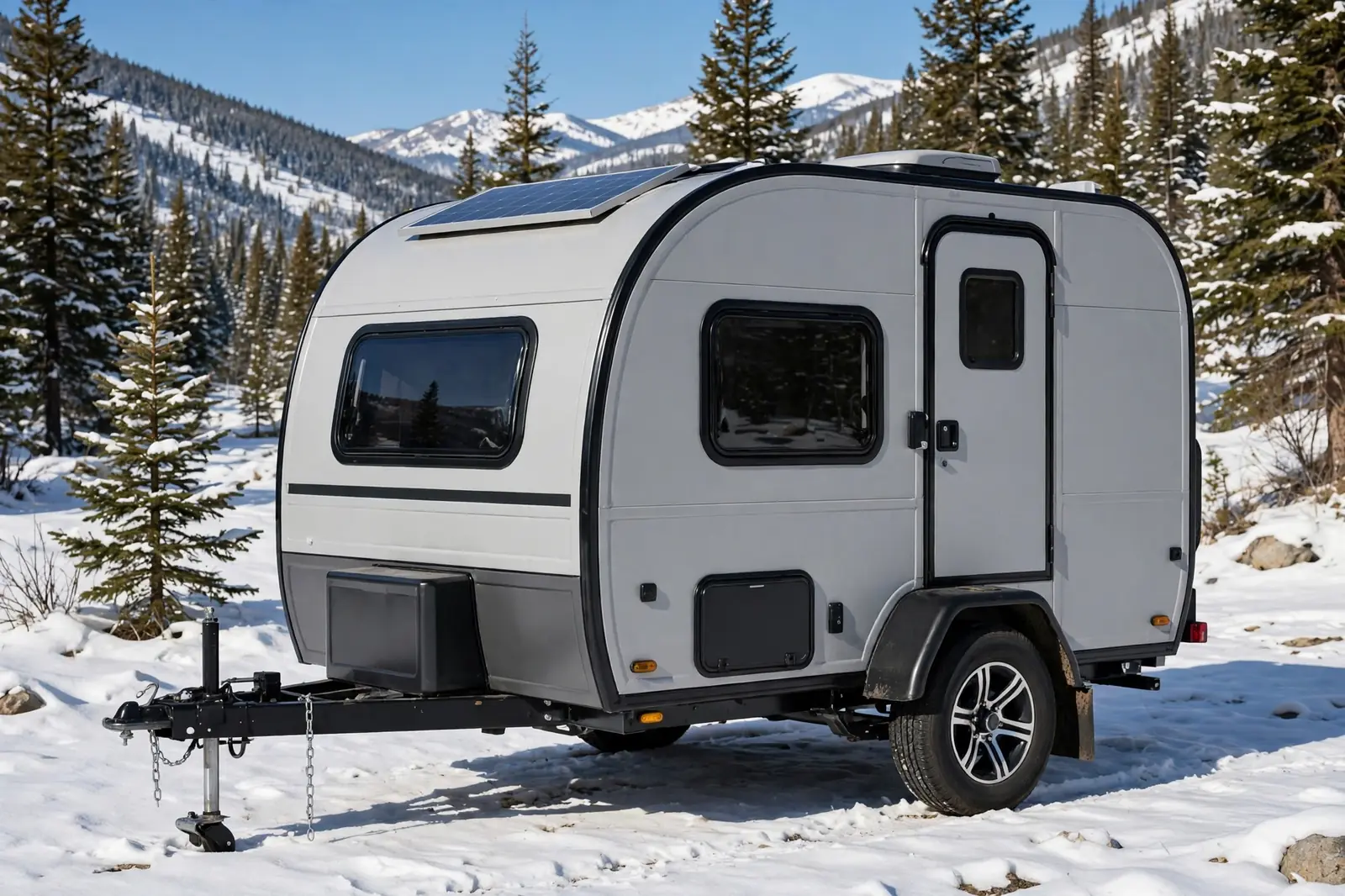 Small white all-season insulated camper pod trailer parked in bright snowy mountains on a sunny day