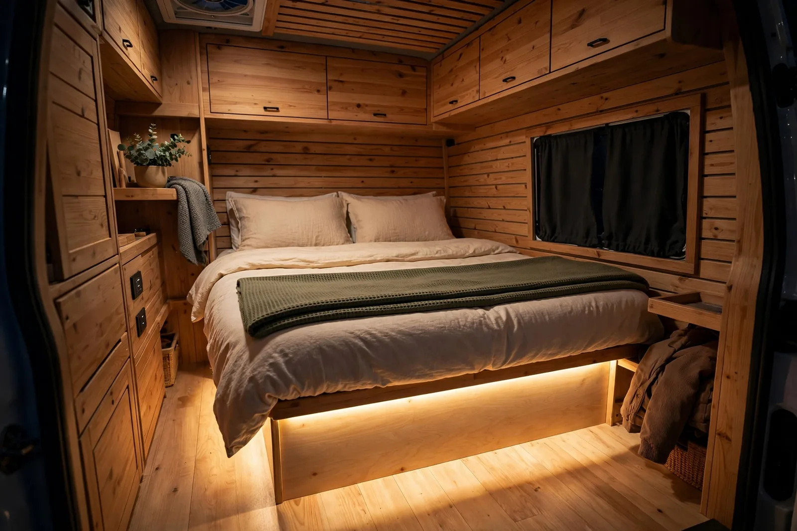 Cozy camper van bedroom at night with soft warm light glowing from beneath the bed frame and washing across the floor