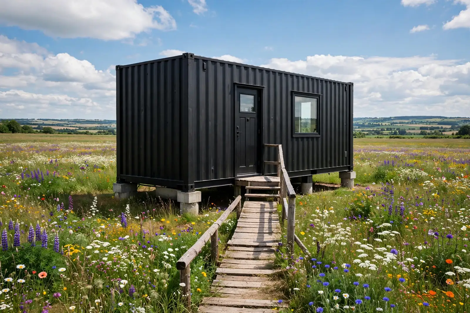 Single black container home in a wildflower meadow with a wooden boardwalk path to the door