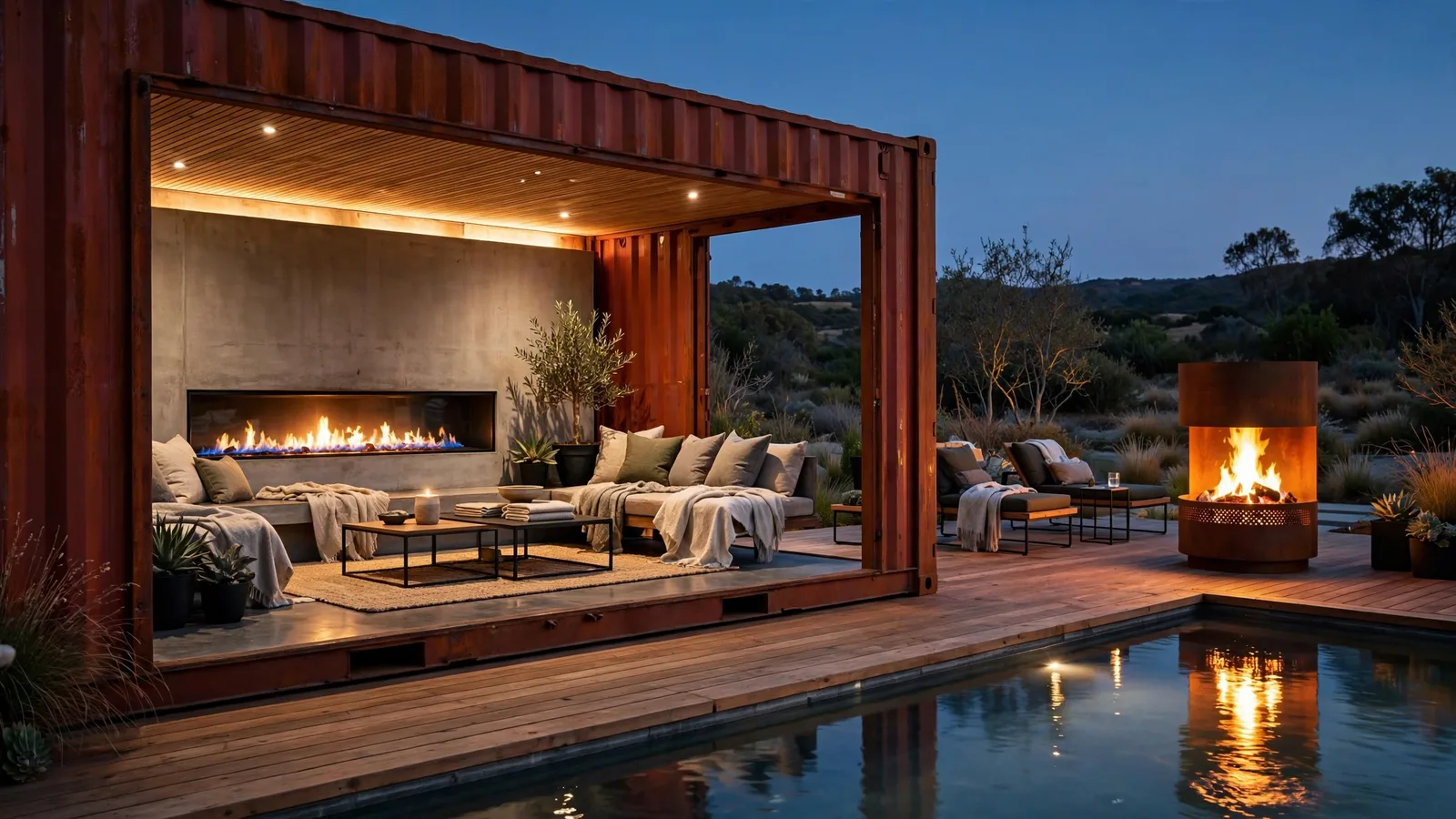 A rust-red 40ft container lounge with fireplaces opening onto a pool deck