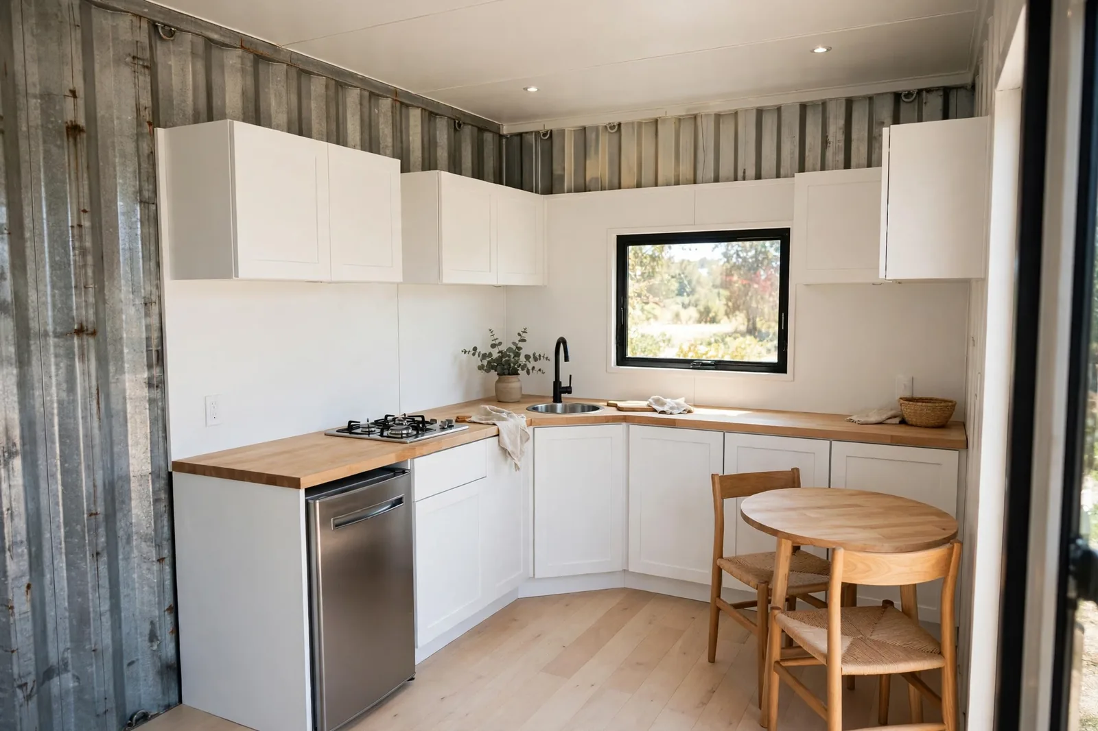 Container corner with an L-shaped kitchenette: under-counter fridge, gas cooktop, round sink under a window, small dining table