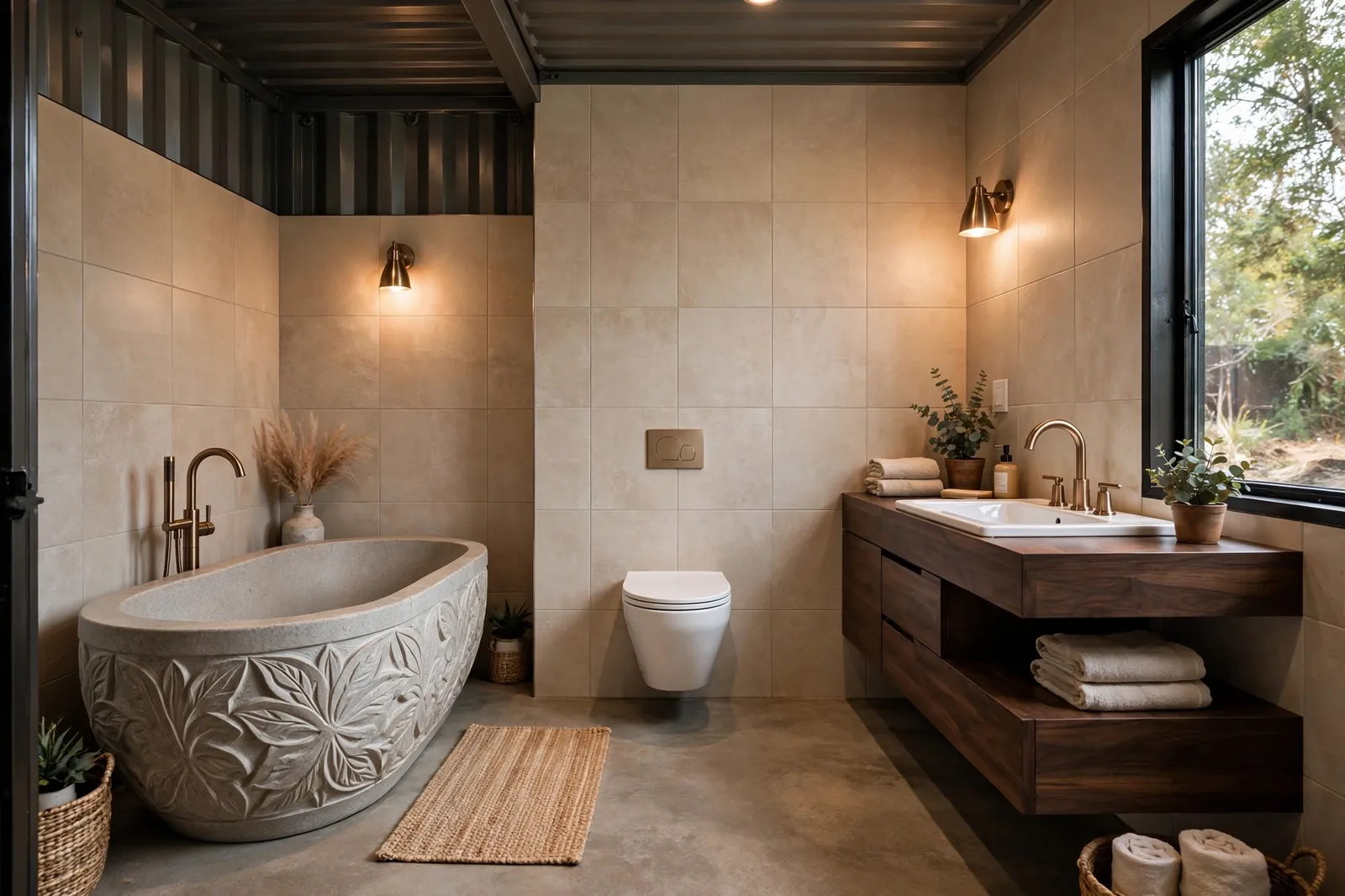 Complete container home bathroom with dark walnut vanity, champagne bronze fixtures, freestanding stone tub and large-format beige tile