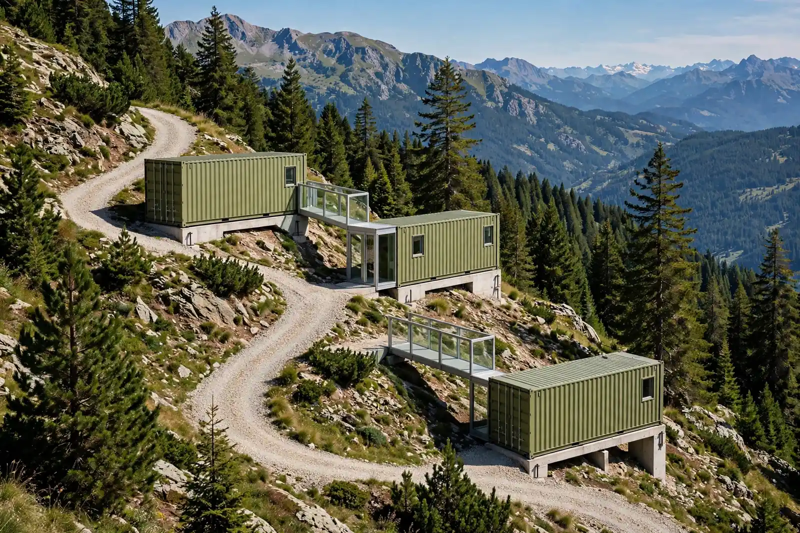 Three olive containers zigzagging down a mountain slope in switchback pattern, linked by glass bridges, each on its own concrete pad foundation.