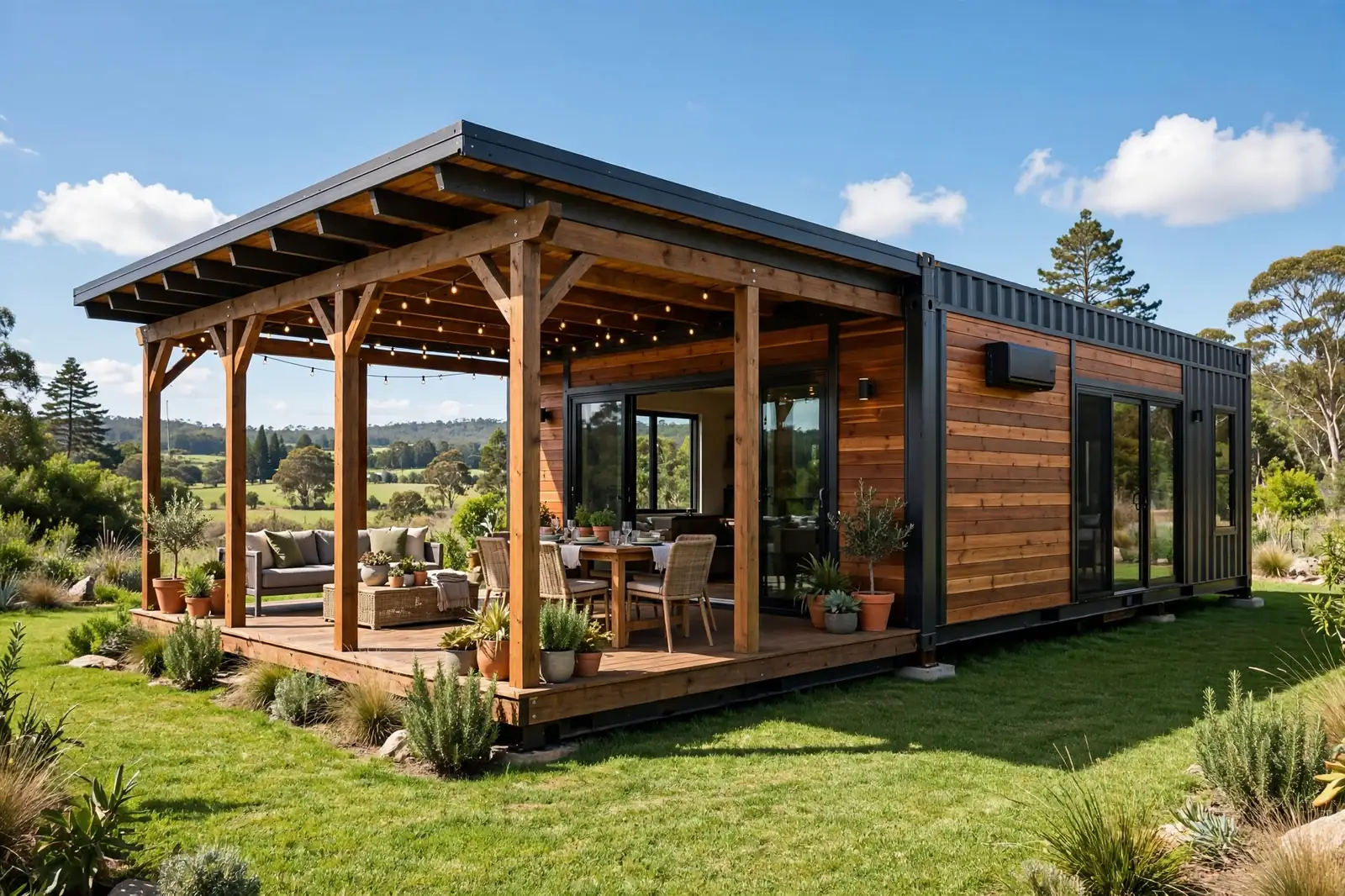 Exterior of a 40-foot container home with a large covered timber deck wing furnished as an outdoor living room on a sunny day.