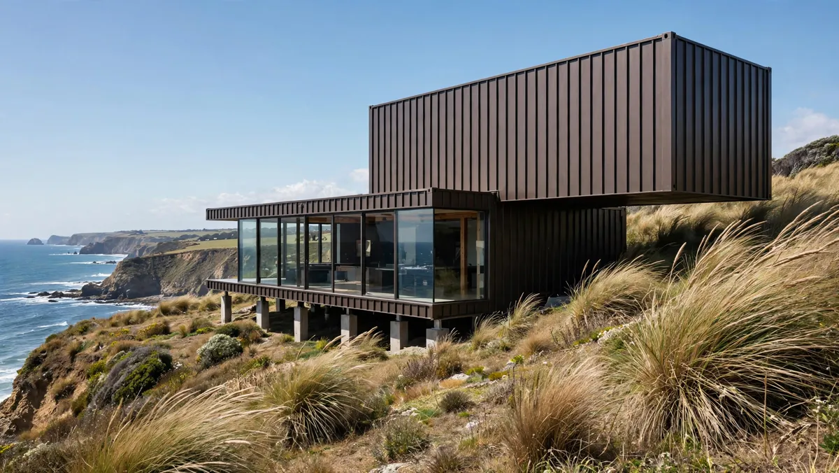 Container home clad in dark bronze standing-seam metal panels on a coastal bluff with a panoramic glass wall
