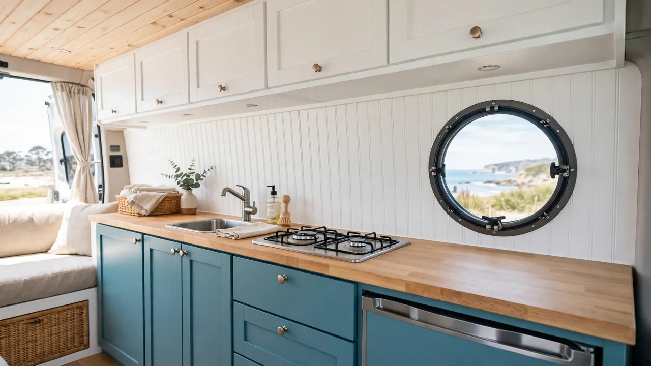 Coastal camper van kitchen with white shaker and teal cabinets