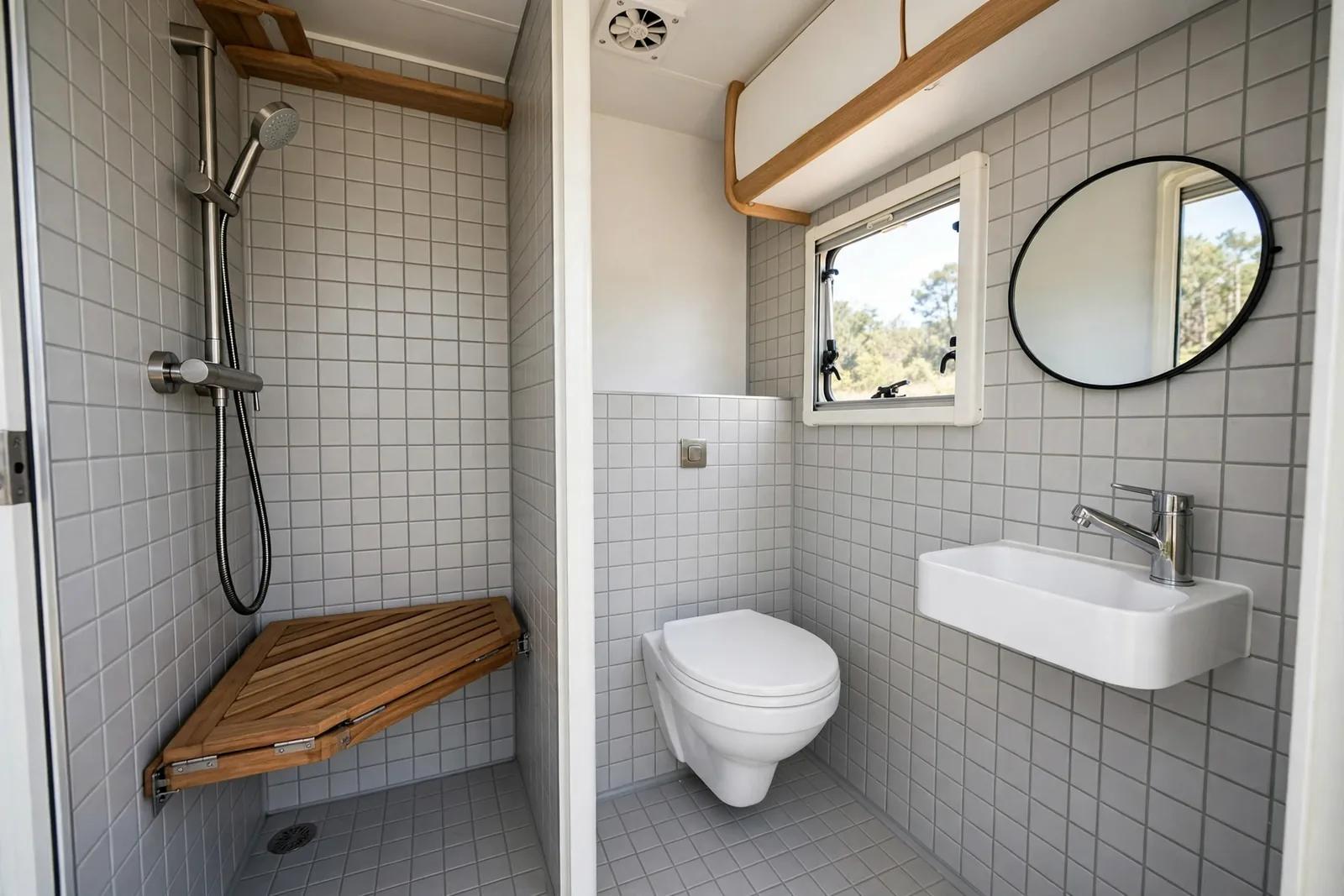 Compact RV wet bath with corner shower, fold-down teak bench, wall-hung fixtures