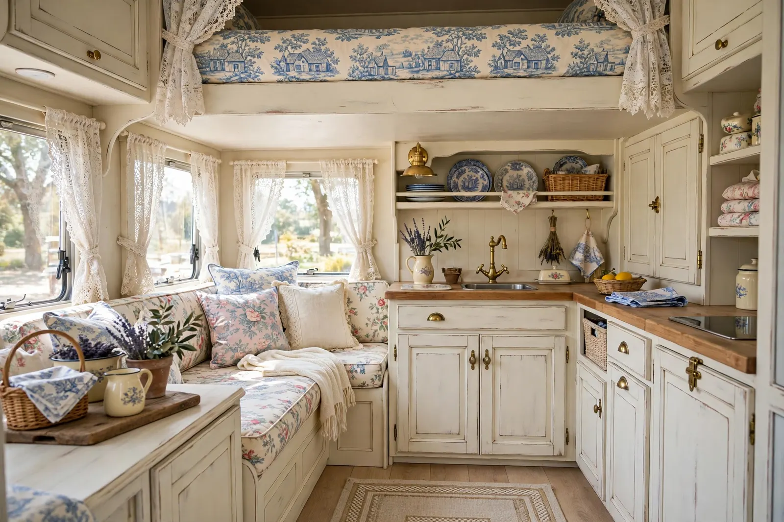 Renovated Class C motorhome interior in French country style with cream chalk-painted cabinets and vintage brass hardware, a cab-over bunk dressed in blue toile bedding, lace curtains, and floral upholstery on the lounge.