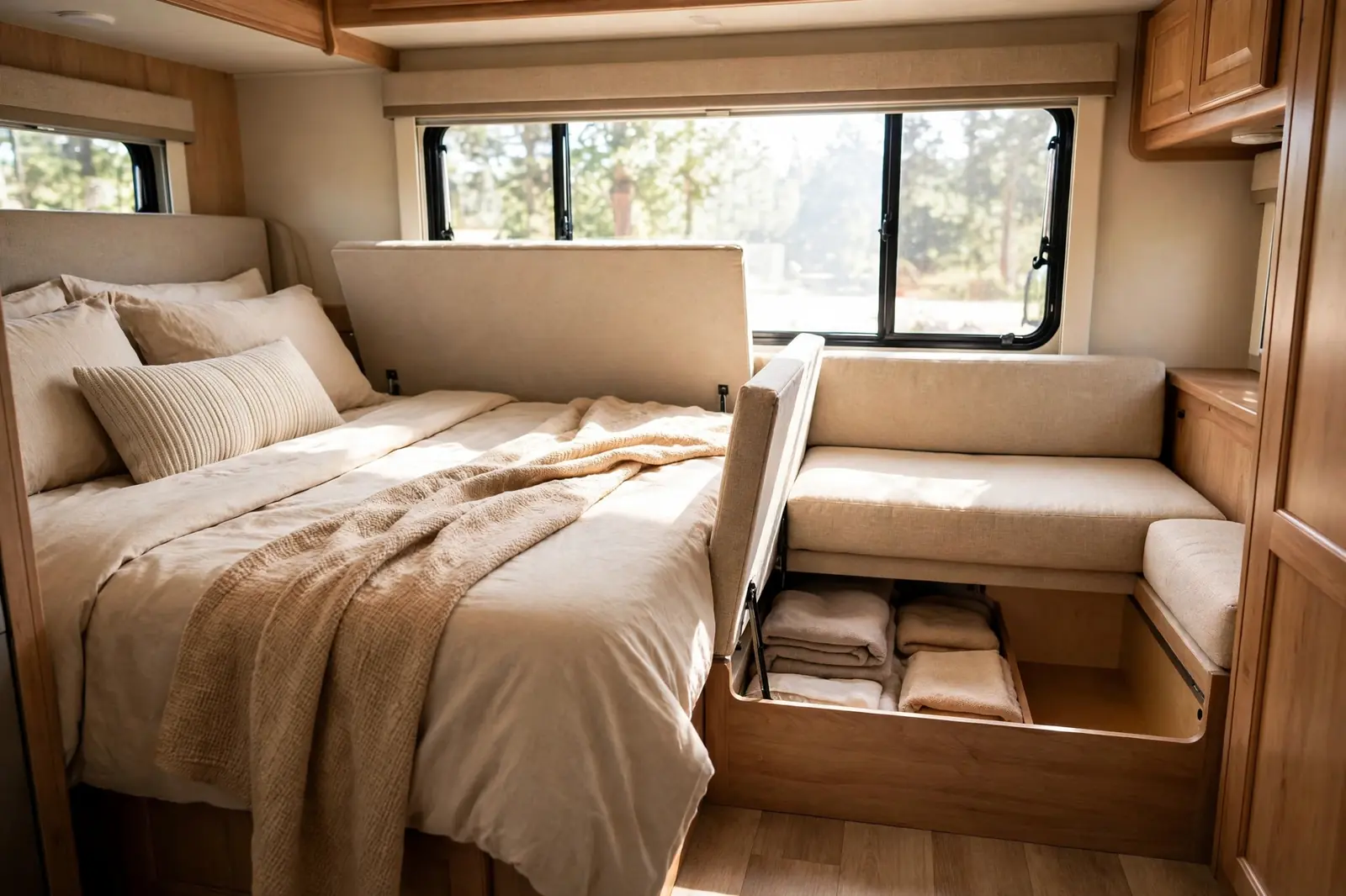 Photorealistic RV bedroom with a wide window seat at the foot of the queen bed, lift-top lid revealing storage