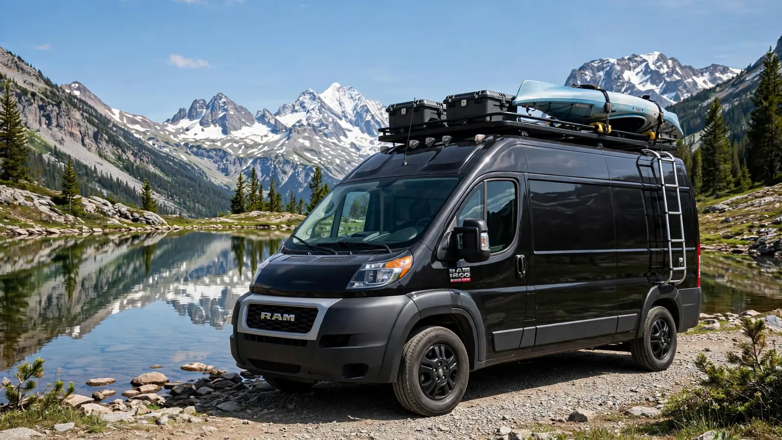 Black Ram ProMaster with a gear-loaded rooftop deck beside an alpine lake