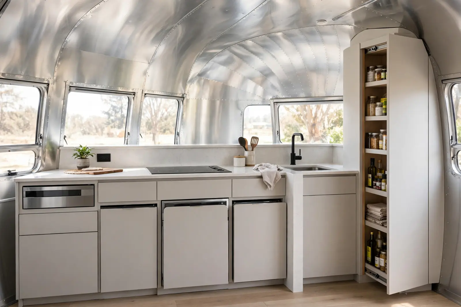 Renovated vintage Airstream kitchen with dishwasher, washer, and microwave hidden behind handle-less panels