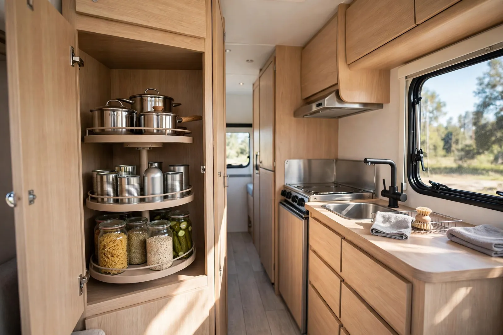 RV galley kitchen with a deep corner cabinet open showing a rotating carousel shelf with pots and jars