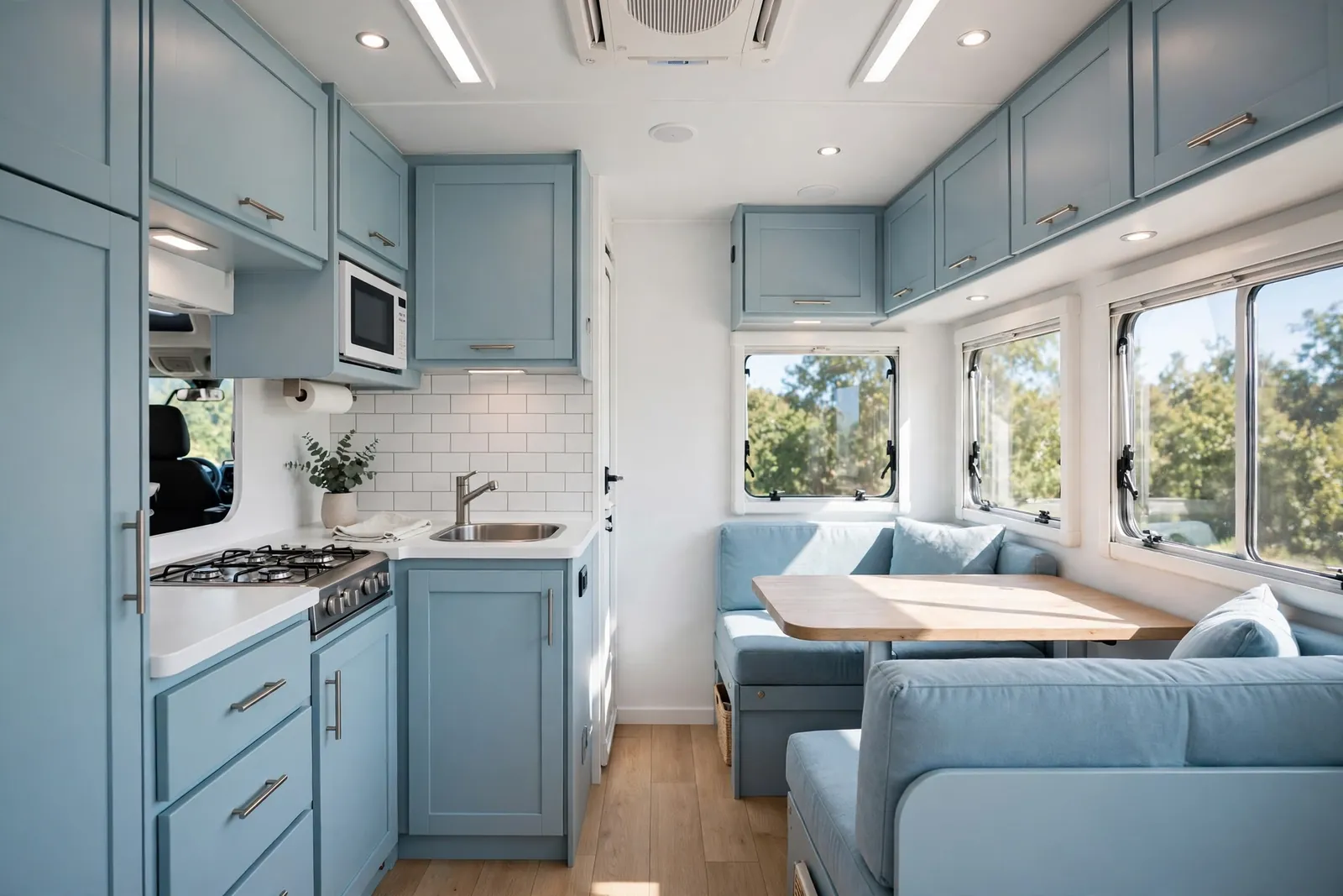 Sky blue and crisp white motorhome interior