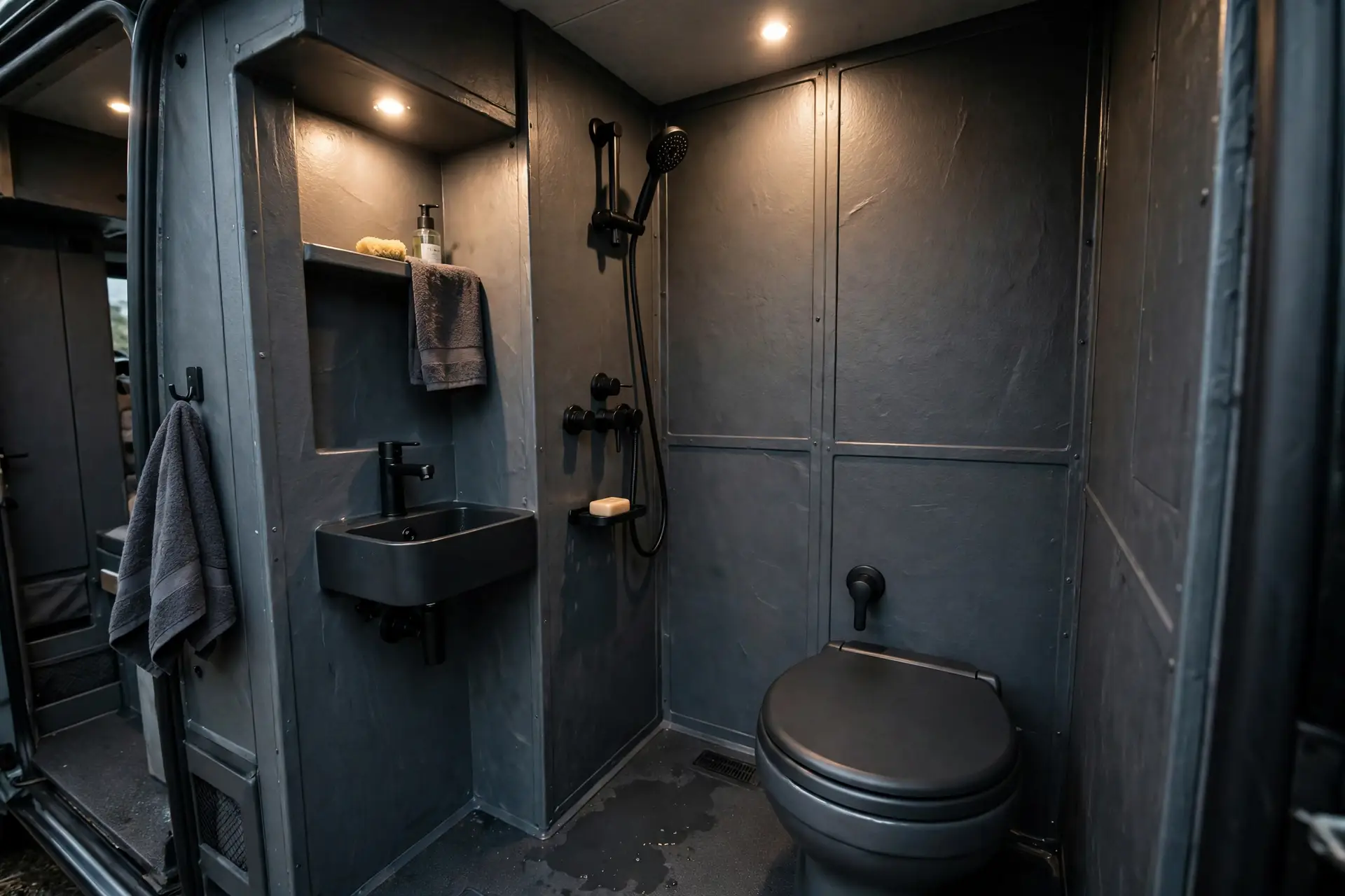 Moody camper van wet bath in dark slate panels with matte black fittings, toilet and wall-hung sink