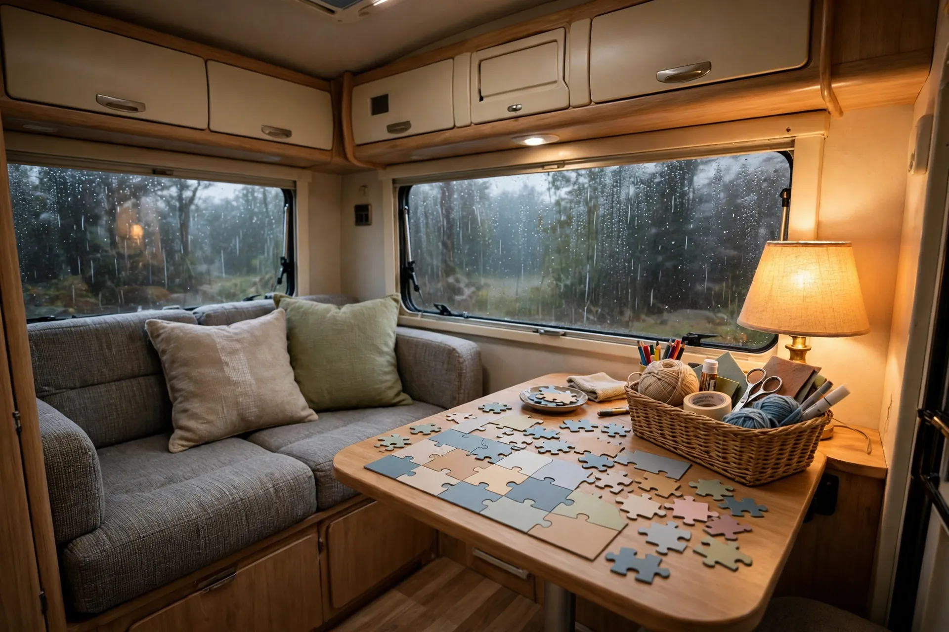 RV living room with a small table set up for a jigsaw puzzle and craft supplies beside a sofa