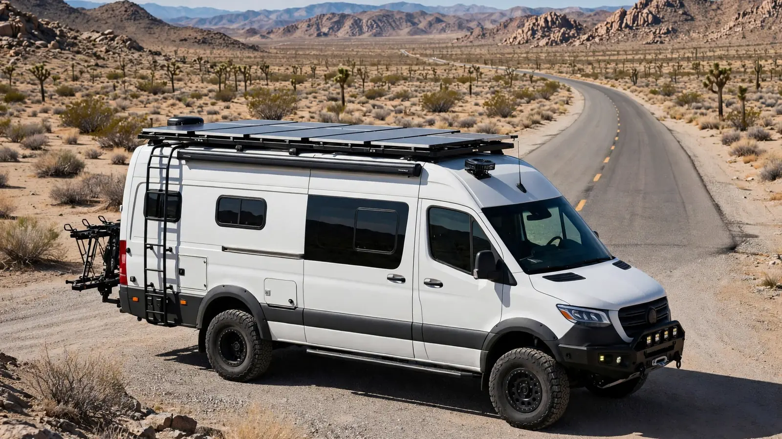 Long-wheelbase solar camper van with rear bike rack on a desert highway pullout