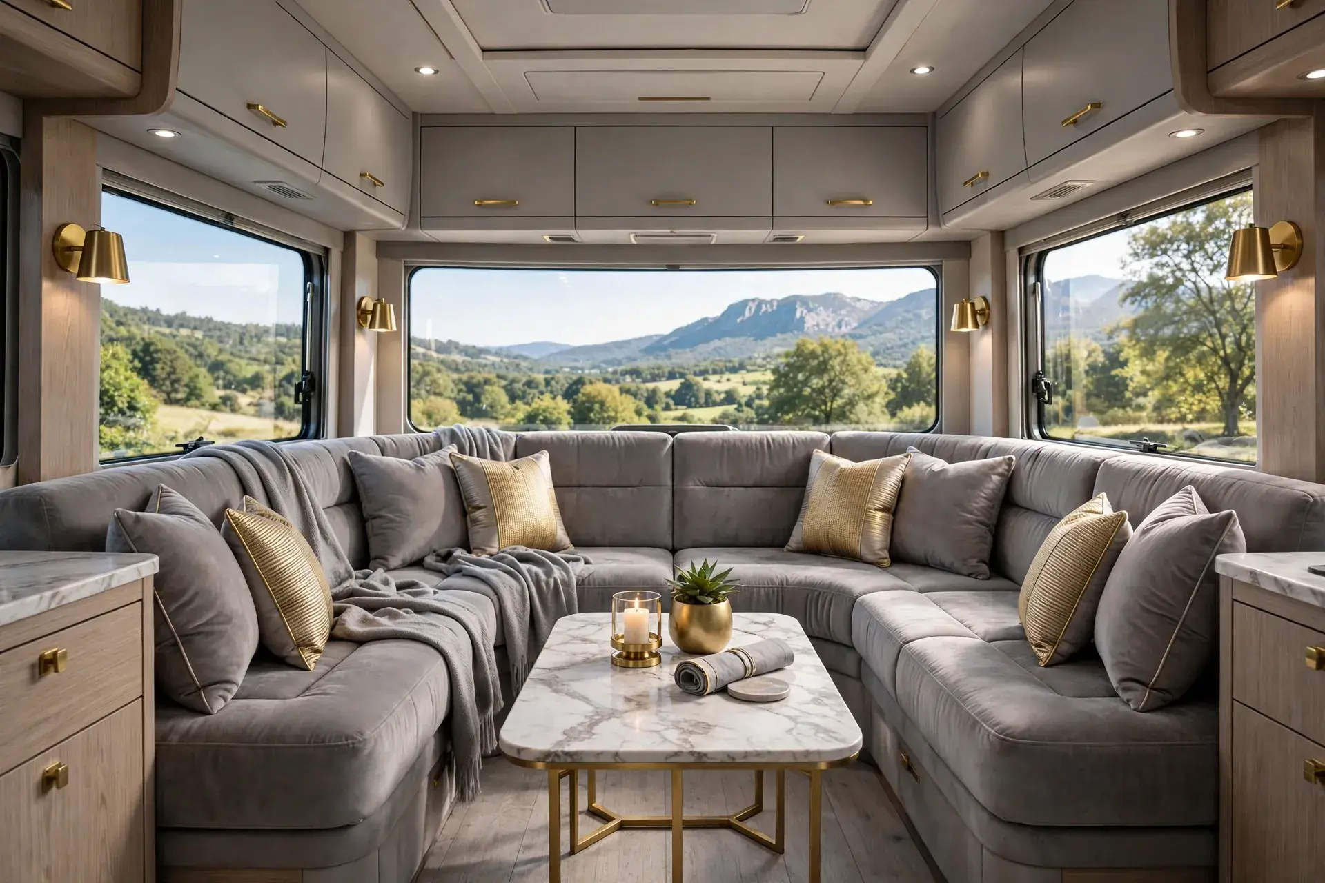 Penthouse style luxury motorhome rear lounge with wraparound sofa and panoramic windows