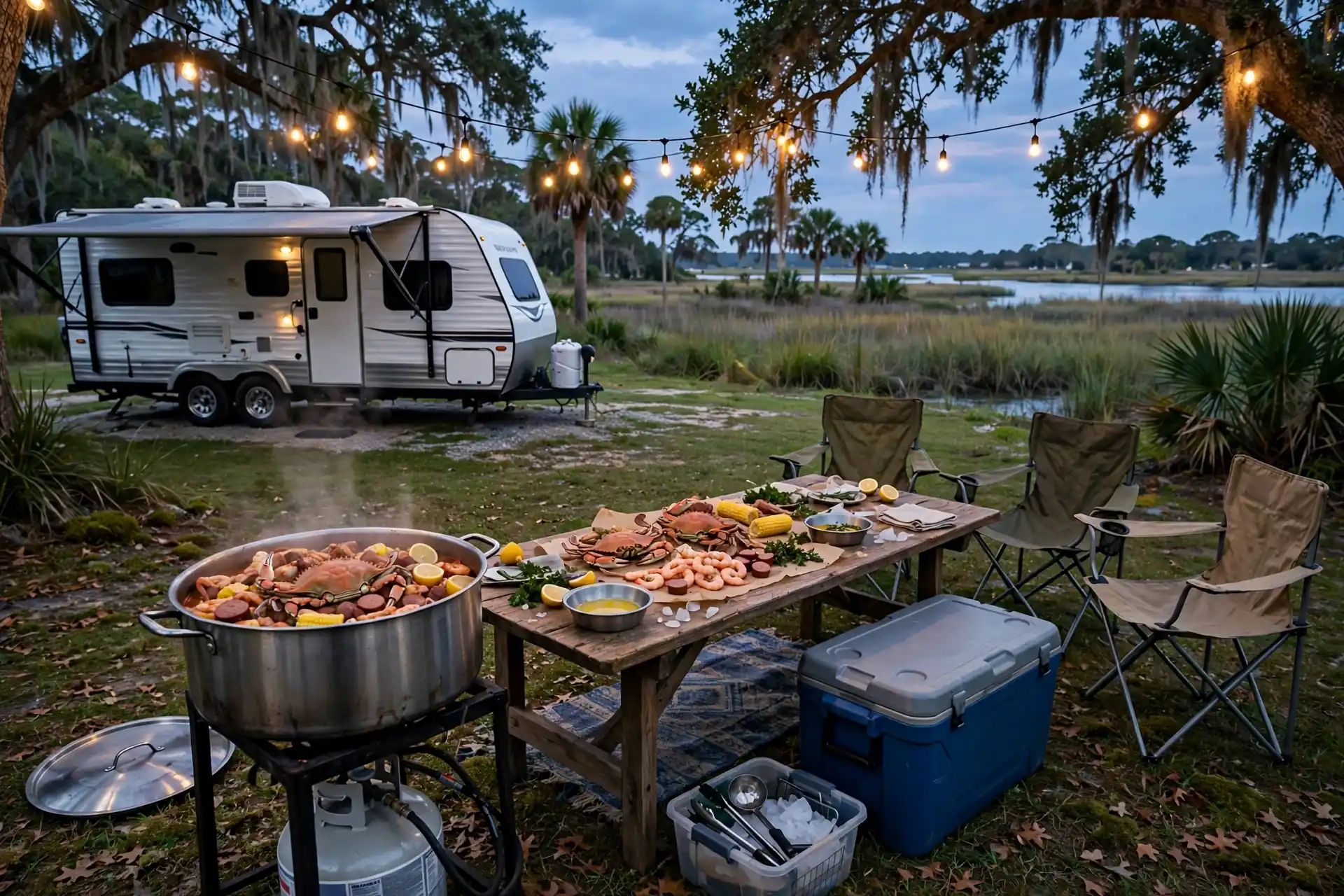 Seafood boil pot station on a propane burner beside a travel trailer at a coastal campsite