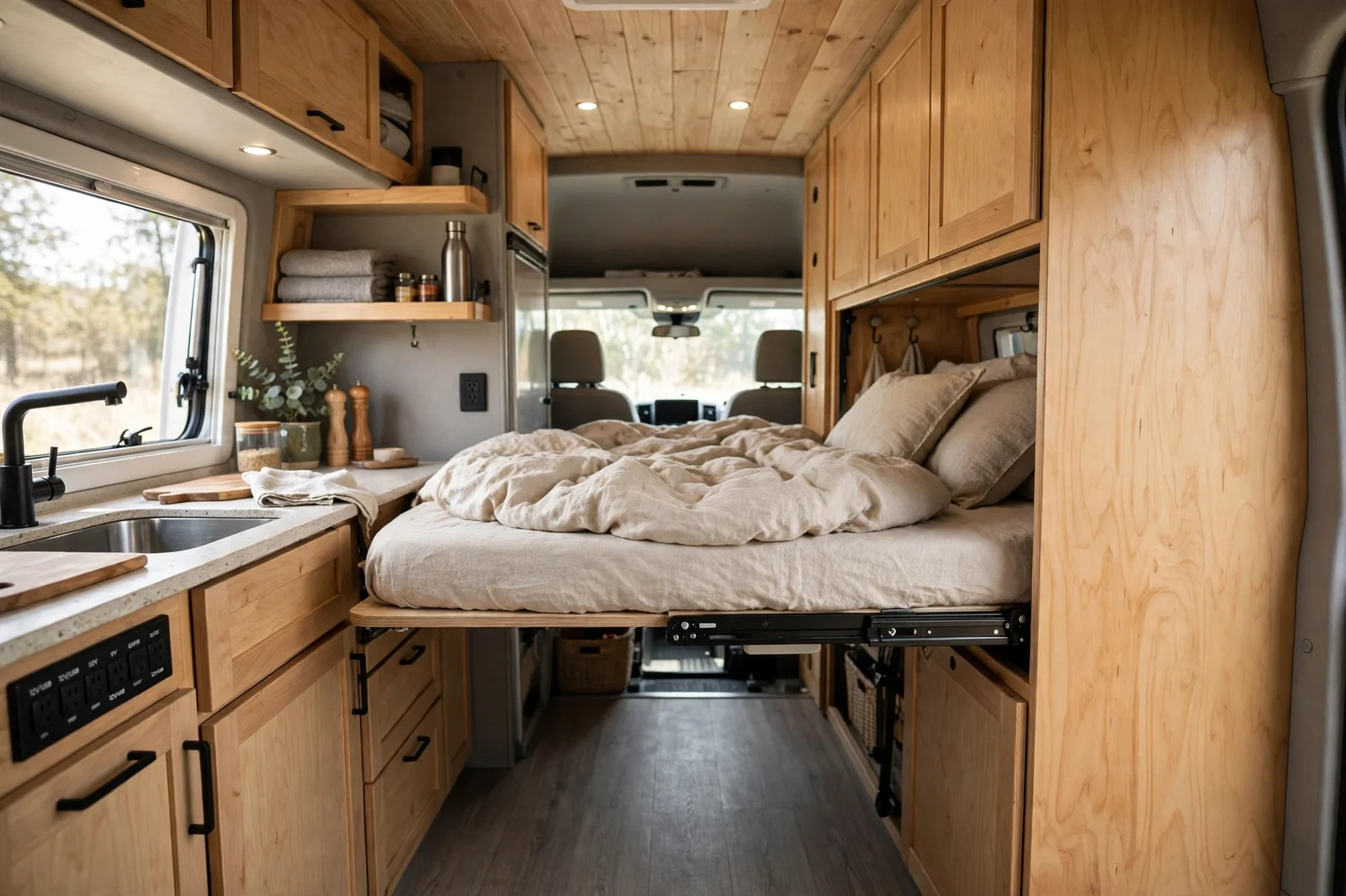 Camper van interior with a bed pulled out horizontally from a tall rear cabinet unit, fully extended with a mattress, beige linen bedding and pillows, beside a kitchen unit with a sink and wooden cabinets