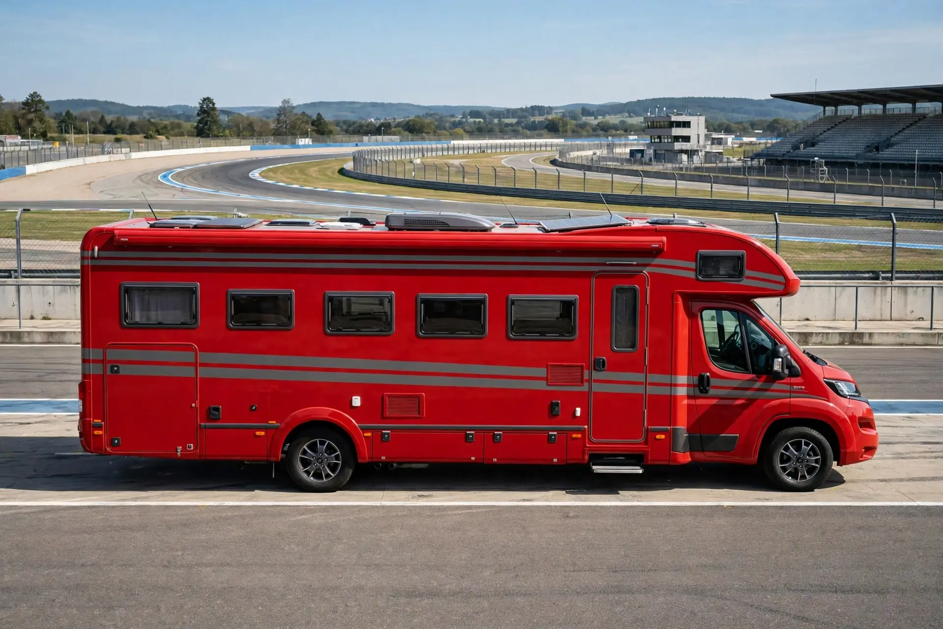 Cherry red and graphite racing motorhome exterior, full side view
