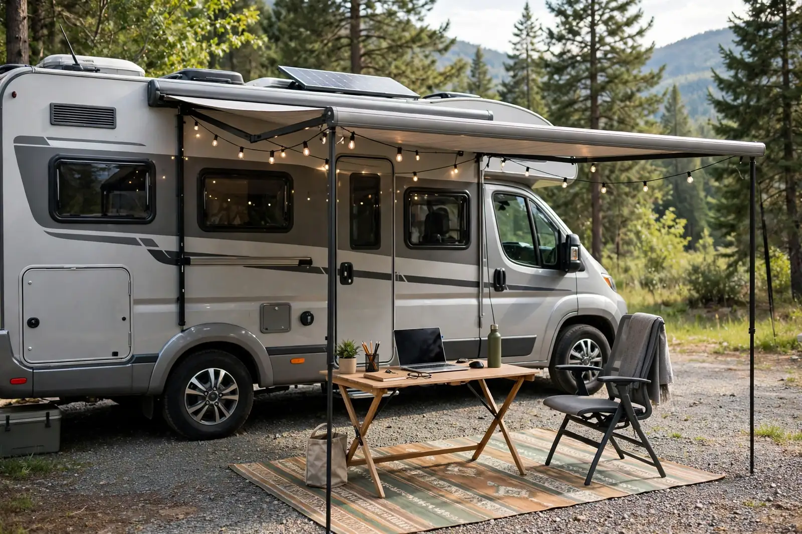 Motorhome with an extended side awning shading a folding desk, laptop, chair and outdoor rug in a wooded campsite