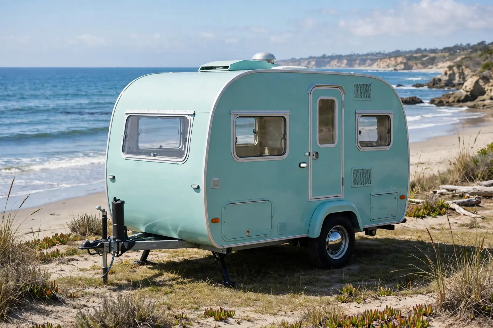 Mint-green Beach Cruiser Pod tiny camper trailer parked beside a sunny beach