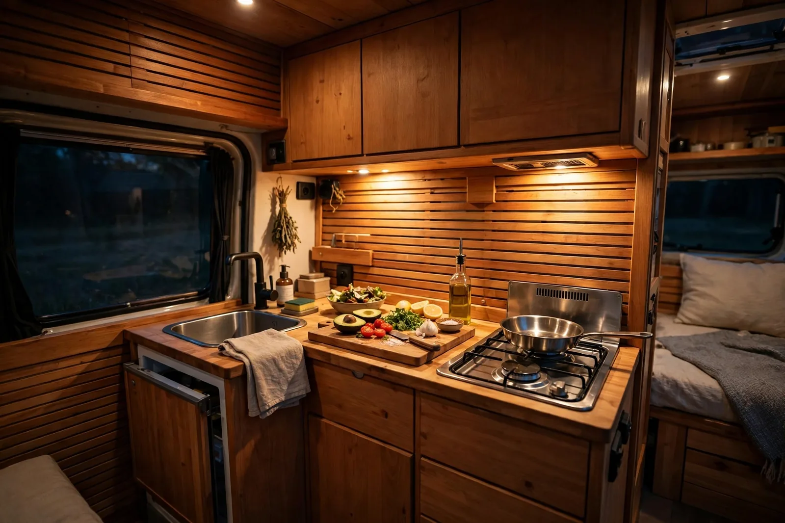 Cozy camper van kitchen at evening with warm under-cabinet task lights glowing over a small countertop