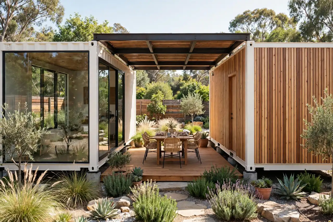 Twin shipping container guest house with courtyard deck and dining set between them