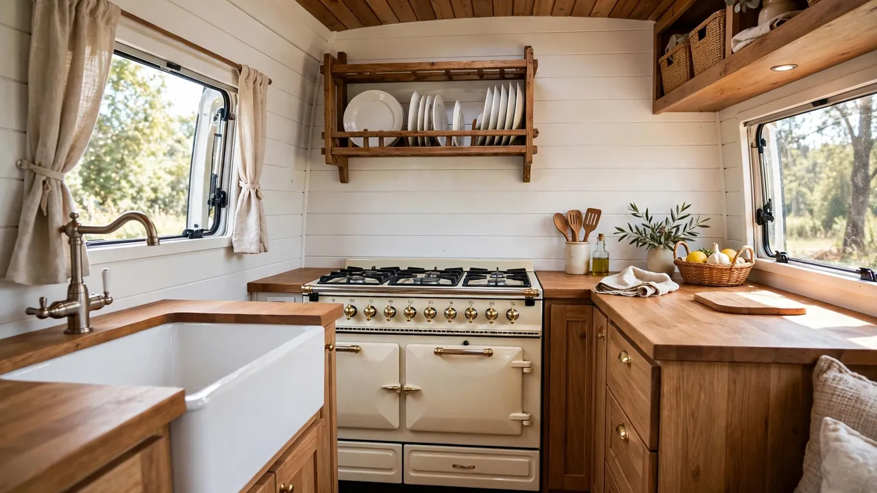 Farmhouse style camper van kitchen with apron sink and shiplap walls