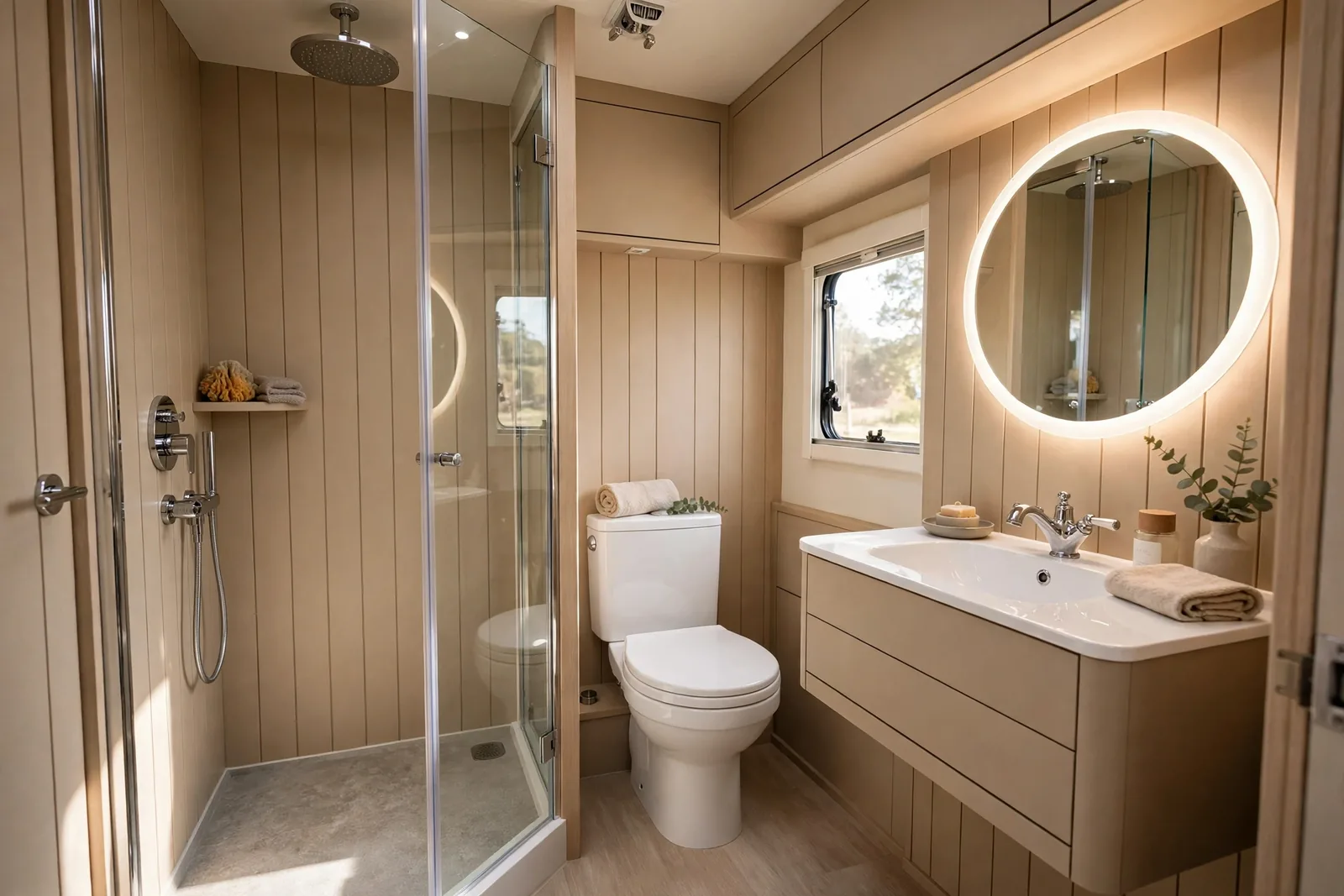 Warm greige RV bathroom with backlit mirror, rain shower, hotel-style vanity