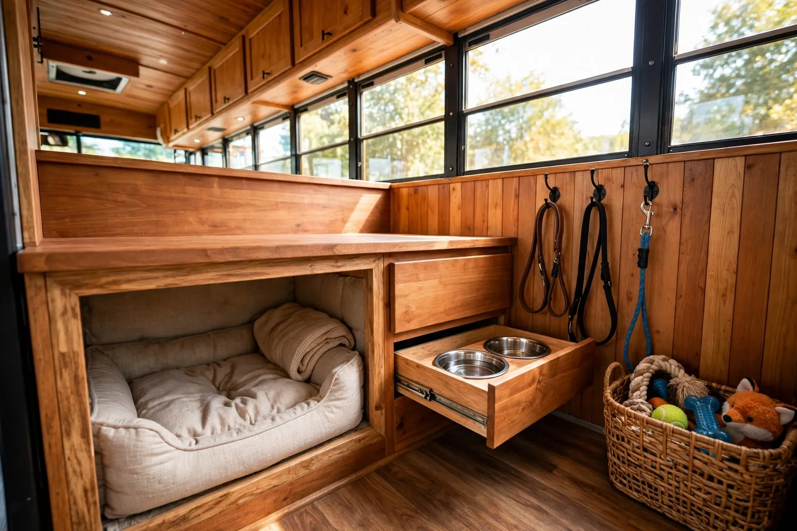 Built-in dog station with bed nook and bowls in a skoolie bus