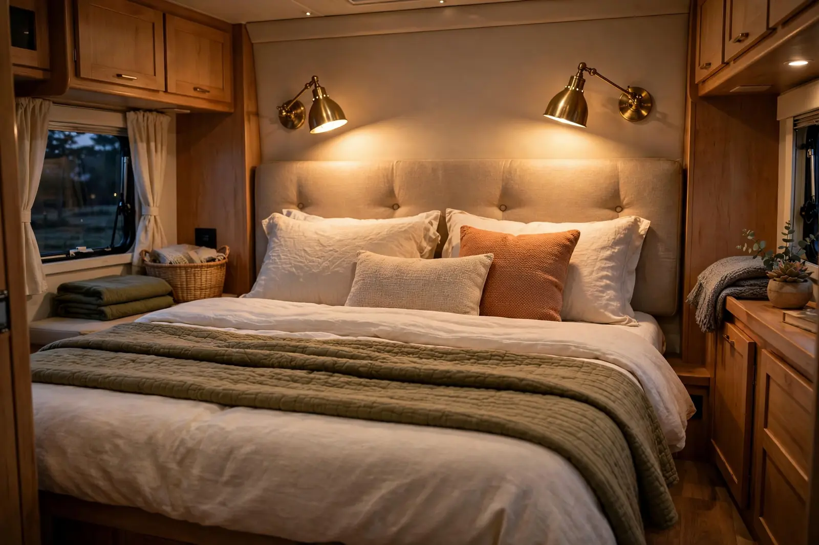 Photorealistic RV bedroom with two articulating brass reading sconces mounted above the queen bed headboard